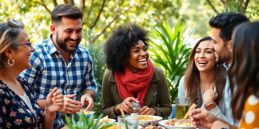 Friends laughing and enjoying a meal together outdoors.