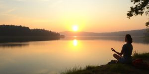 A peaceful person meditating by a serene lake.