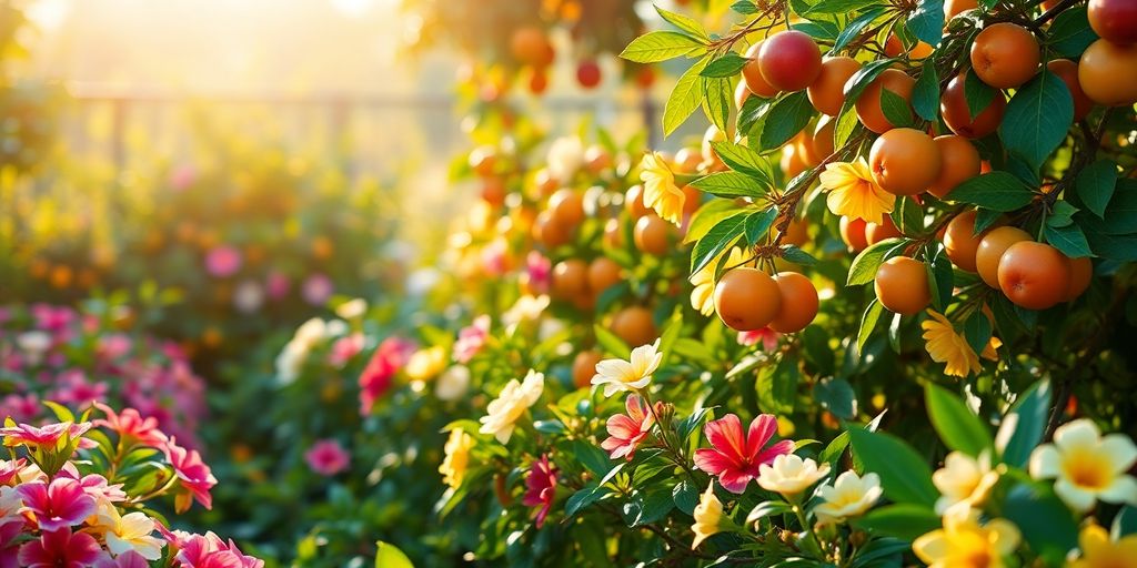 Colorful garden full of fruits and flowers, symbolizing abundance.