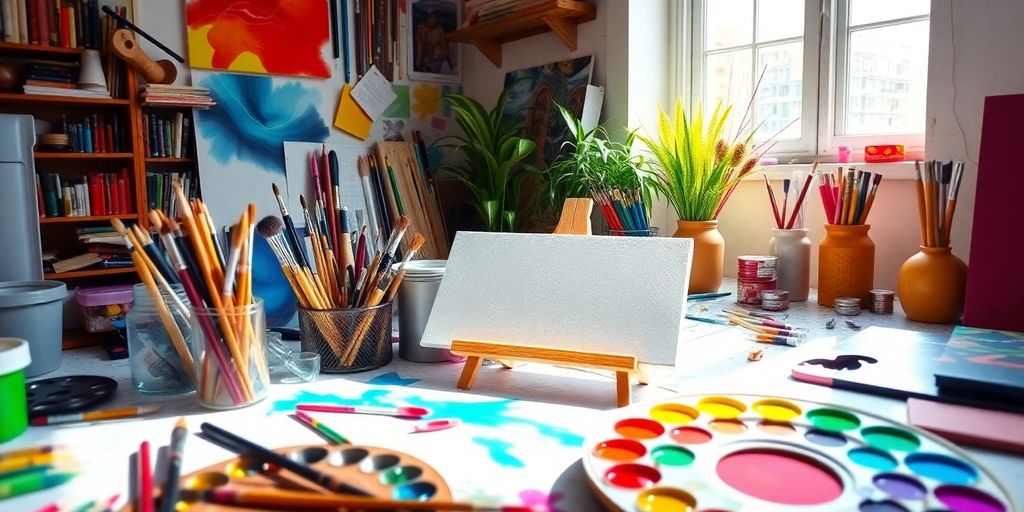 Colorful art supplies and canvas in a bright workspace.