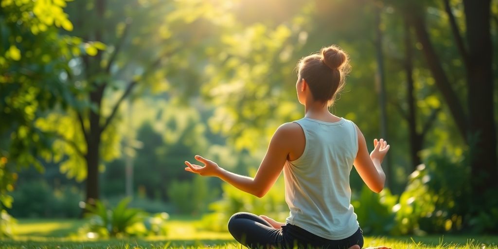 Person meditating outdoors in a serene, green environment.