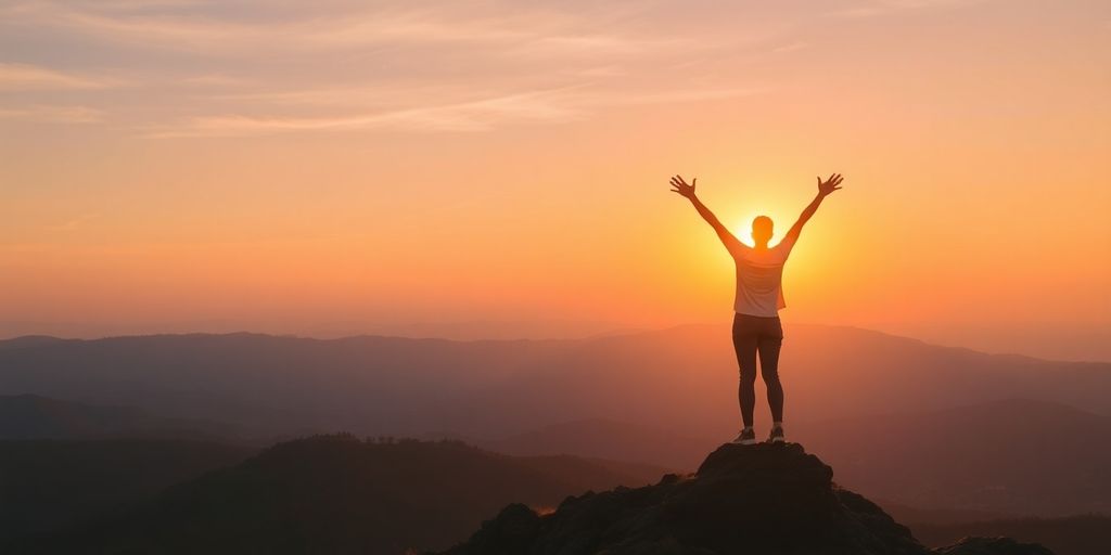 Person triumphantly standing on a mountain peak at sunset.