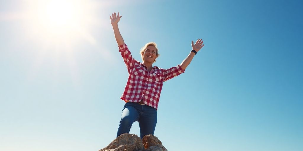 Confident person on mountain peak with arms raised.